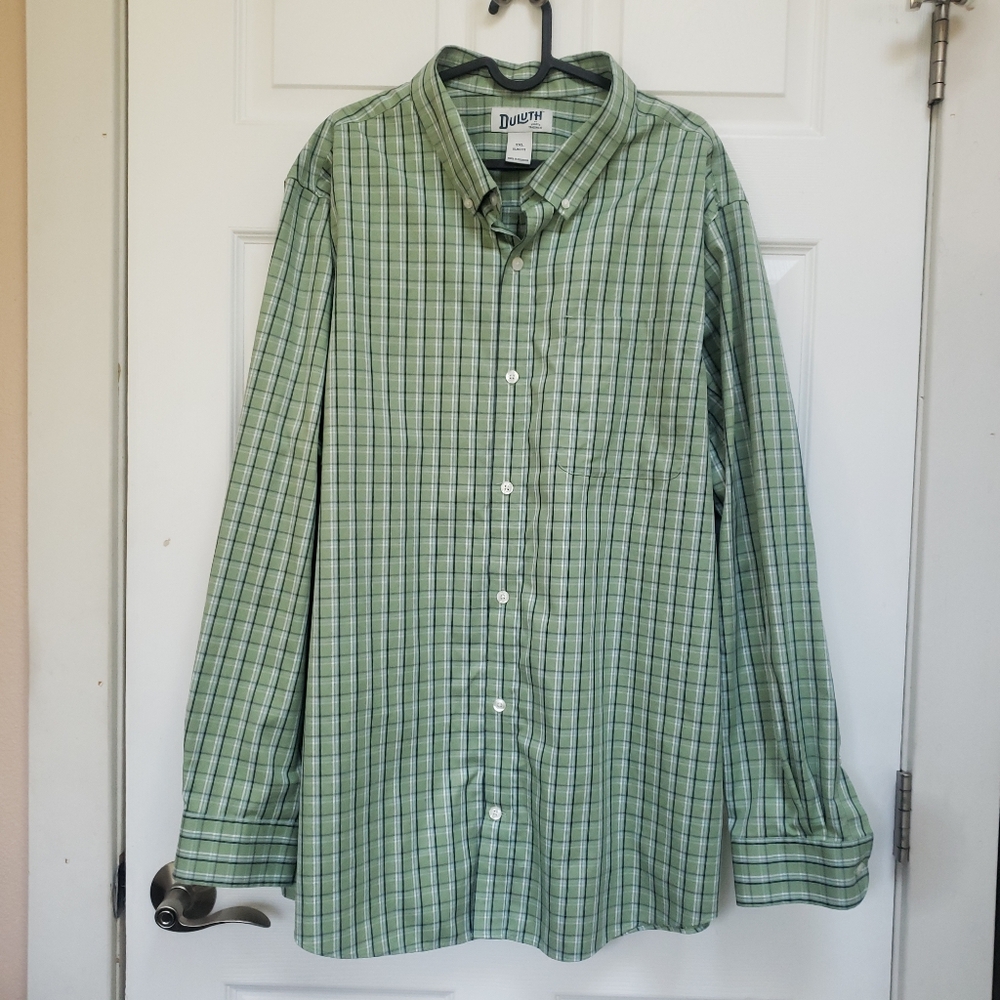Duluth Trading Co Green Plaid Cotton Long Sleeve Slim Button Down Shirt